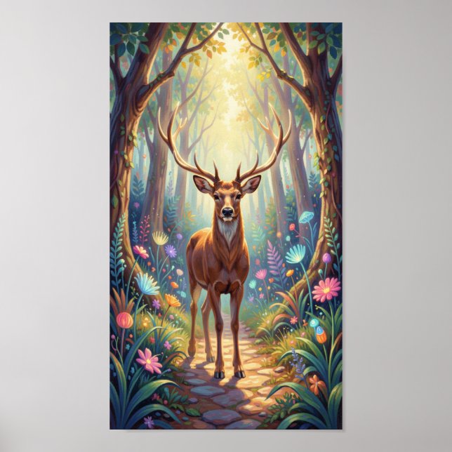 Poster Cervo Etéreo em Caminho de Floresta Luminosa (Frente)