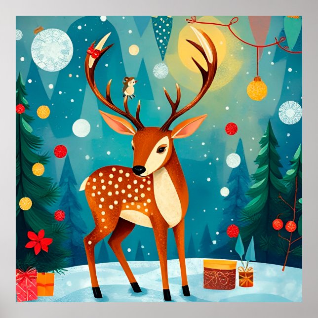 Poster Cervo Festivo em uma Floresta Nevada (Frente)