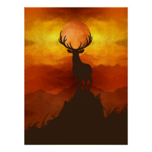 Póster Cervo macho no topo de montanha ao pôr do sol