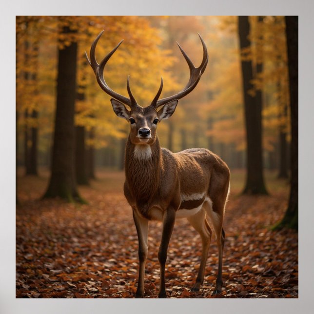 Poster Cervo Majestoso  (Notice the intricate details of its antlers and the vibrant colors of the fallen leaves.  )