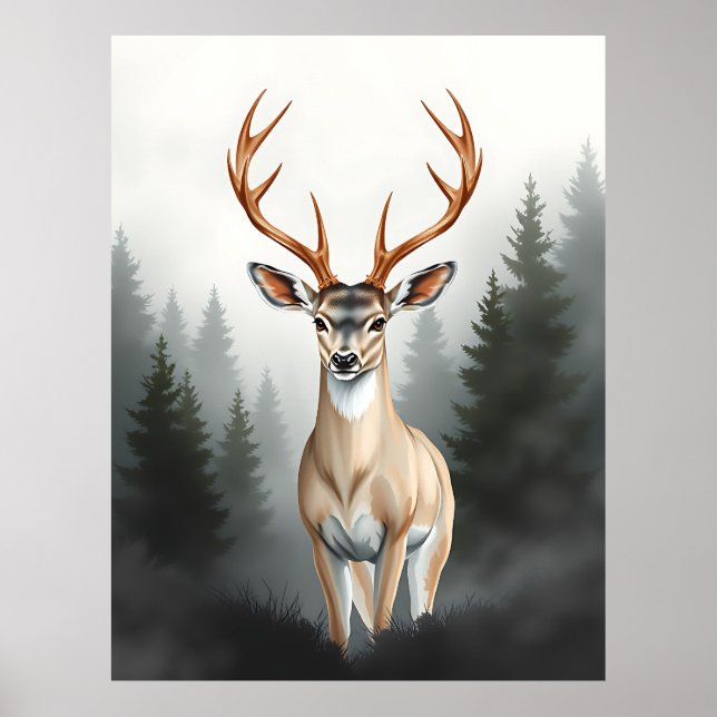 Poster Cervo Majestoso na Floresta Nebulosa – Vida Selvag (Frente)