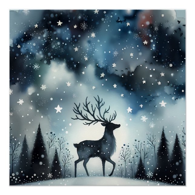 Póster Cervo Noturno Invernal Estrelado (Frente)