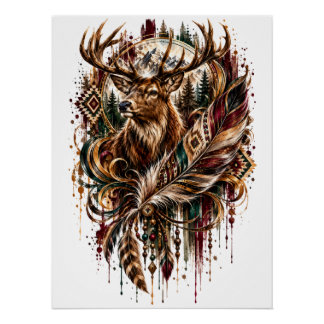 Póster Cervo Tribal Boho, Sonhando com Cervo