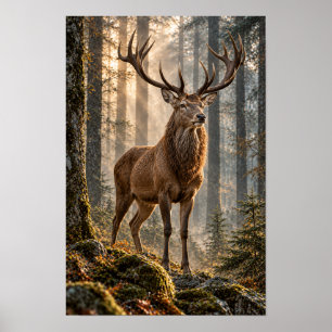 Poster Cervo Vermelho em Luz Florestal Dourada Arte de Pa