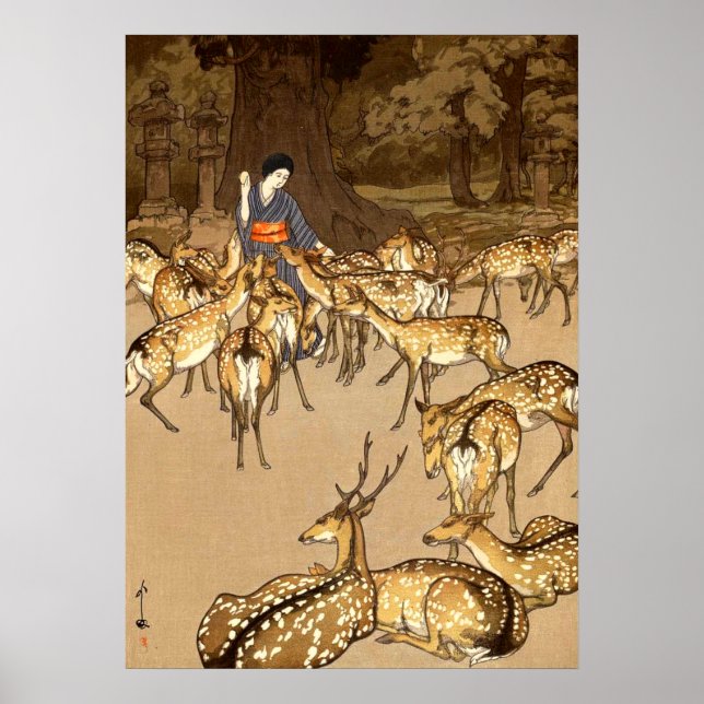 Poster Cervos no Santuário Kasuga Yoshida Hiroshi 1928 (Frente)