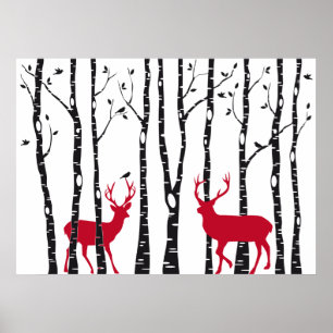 Póster Cervos vermelhos na floresta da árvore de vidoeir