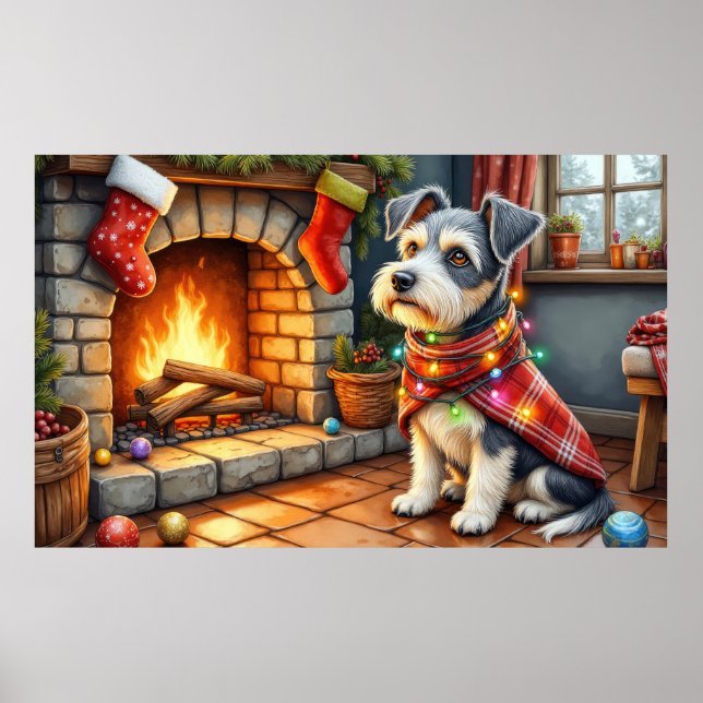 Poster Cesky Terrier Lareira com Luzes de Natal (Frente)