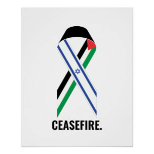 Póster Cessar-Fogo, Israel e Palestina bandeiras de fita