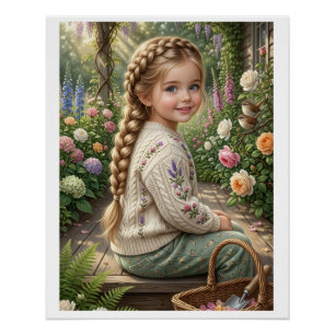 Póster Cesta De Flores De Menina Floresta Primavera Natur