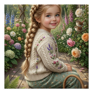 Póster Cesta De Flores De Menina Floresta Primavera Natur