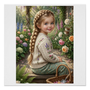 Póster Cesta De Flores De Menina Floresta Primavera Natur