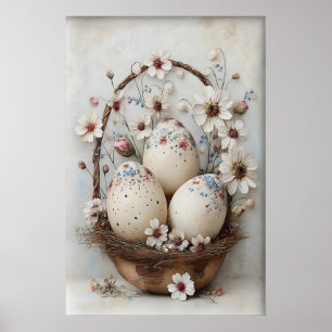 Poster Cesta de Flores de Páscoa Vintage com Ovos, Impres