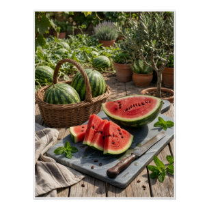 Póster Cesta de Frutas de Melão Fresco Rústico de Piqueni