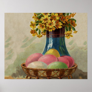 Póster Cesta de Páscoa Ovos Flores Antigo