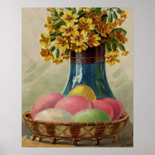 Poster Cesta de Páscoa Ovos Flores Antigo