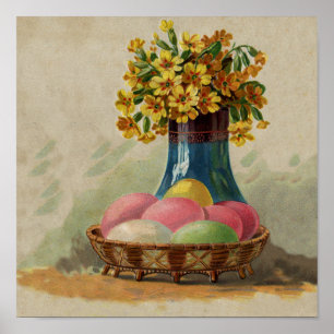 Póster Cesta de Páscoa Ovos Flores Antigo