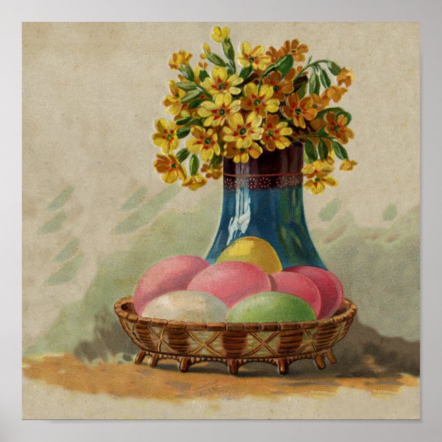 Póster Cesta de Páscoa Ovos Flores Antigo (Frente)