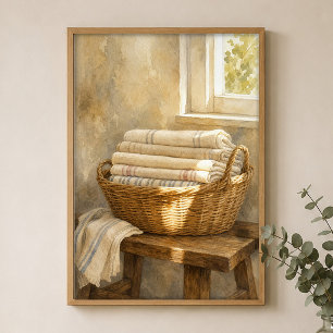 Poster Cesta de Vime com Lençóis Cartaz Aquarela