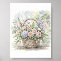 Cesta Floral em Aquarela com Rosas e Hortênsias