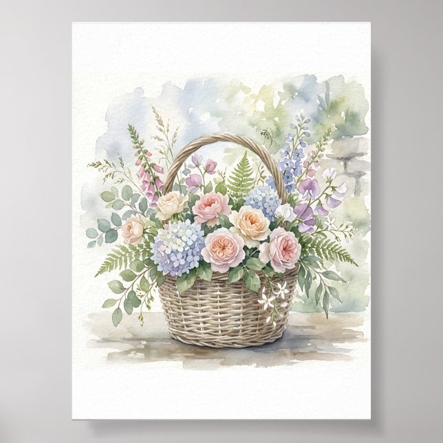 Poster Cesta Floral em Aquarela com Rosas e Hortênsias (Frente)