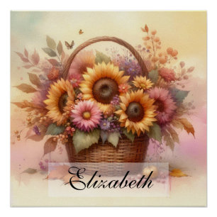 Póster Cesto de flores do outono pastel aquarela
