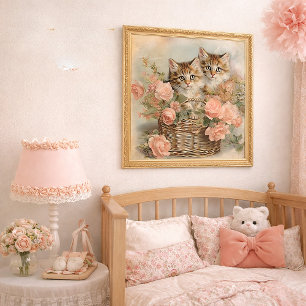 Poster Cesto de Gatinhos Vintage Decoração de Casa de Cam