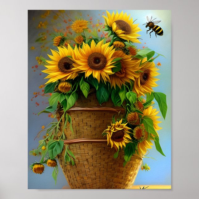Poster Cesto de girassóis e abelhas (Frente)