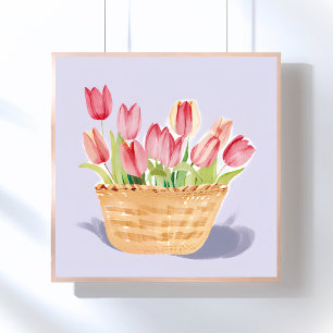 Poster Cesto de Tulipas Pintura em Aquarela Floral
