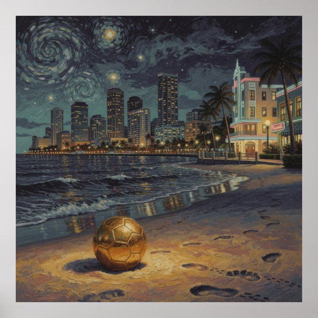 Poster Céu Noturno de Miami Beach com Futebol 2026 (Frente)