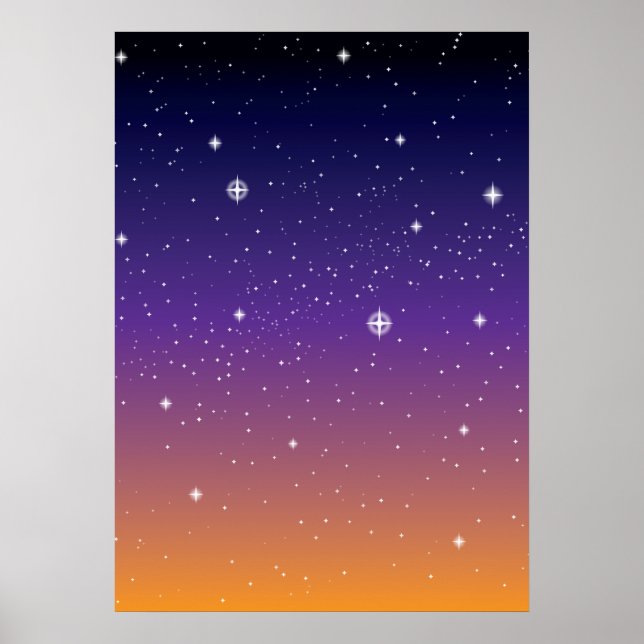Póster Céu roxo e dourado do pôr do sol estrelado (Frente)