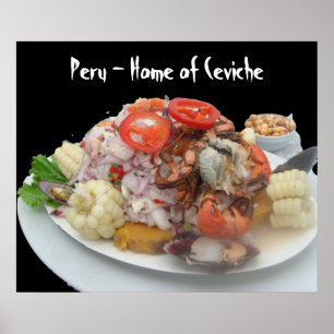 Póster Ceviche con Mariscos - sobre fundo negro dramático