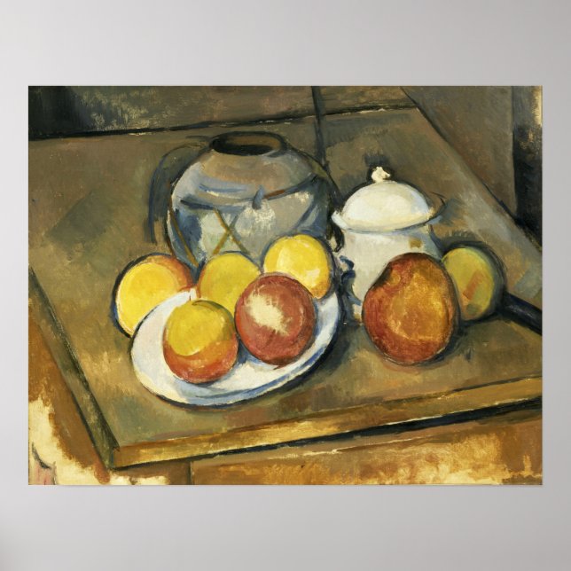 Poster Cézanne - Vaso, Açucareiro e Maçãs (Frente)