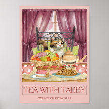 "Chá com Tabby" Cartaz de Arte em Aquarela
