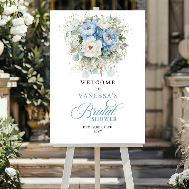 Poster Chá de Bebê Azul e Dourado Bem-Vindo (Blue and Gold Greenery Bridal Shower Welcome)