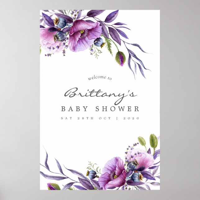 Poster Chá de Bebê Bem-Vindo Flor Violeta Aquarela (Frente)