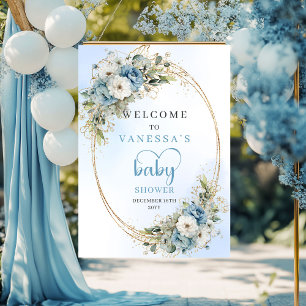 Poster Chá de Bebê Boho Azul Empoeirado Floral Eucalipto