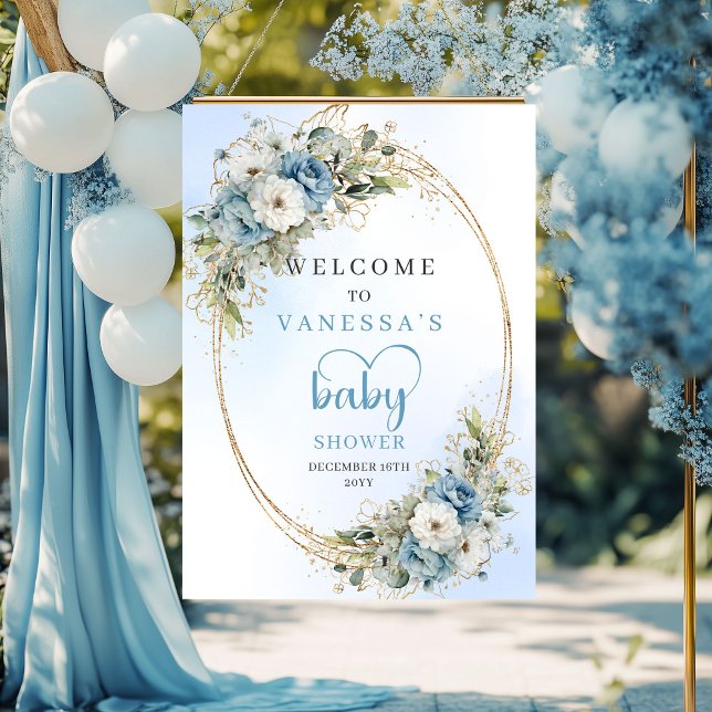 Poster Chá de Bebê Boho Azul Empoeirado Floral Eucalipto  (This elegant baby shower welcome sign features soft watercolor dusty blue flowers, lush eucalyptus g)
