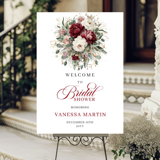 Poster Chá de Bebê Burgundy Greenery Bem-vindo (Burgundy Greenery Bridal Shower Welcome)