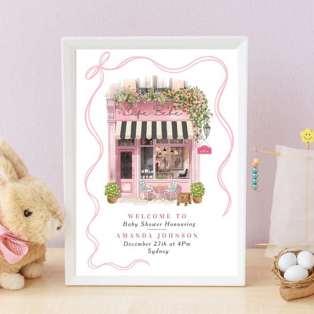 Poster Chá de Bebê Café Parisiense Bonjour Bebe Laço Rosa (Criador carregado)