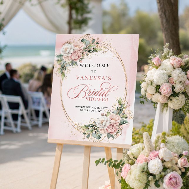 Poster Chá de Bebê Clássico Rosa Dourado com Floral de Eu (Classic Rose Gold Floral Eucalyptus Bridal Shower Sign)