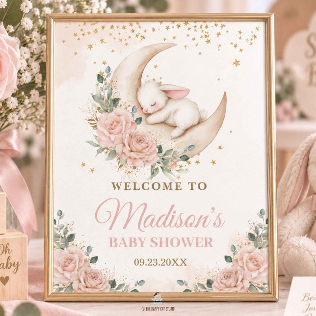 Poster Chá de Bebê Coelho Floral Rosa Lua (Bunny Rabbit Moon Pink Blush Floral Baby Shower Poster)