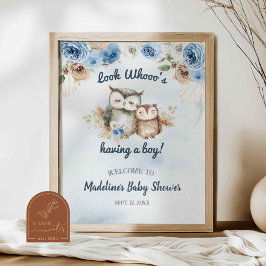 Poster Chá de Bebê Coruja Boho Azul