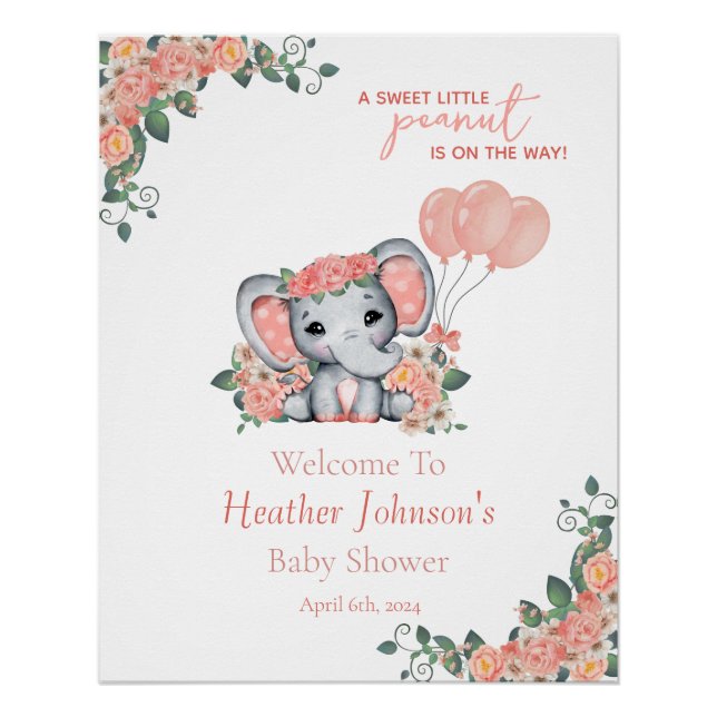 Póster Chá de Bebê da Menina Elefante (Frente)