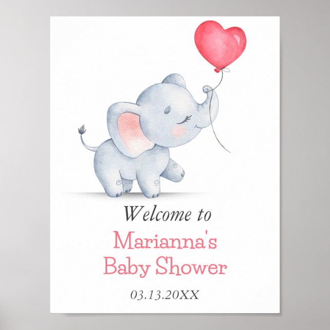 Poster Chá de Bebê de Balão de Elefante & Coração Simples (Frente)
