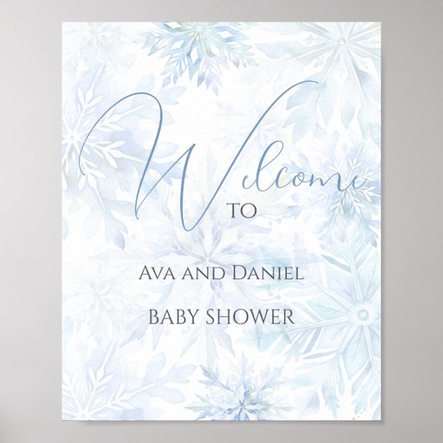 Poster Chá de Bebê de Inverno Menino Azul Floco de Neve B (Frente)
