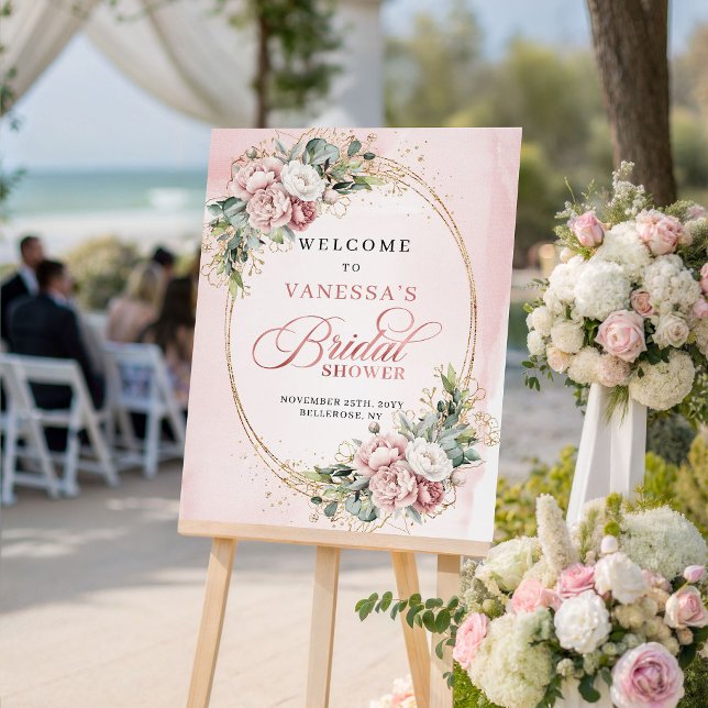 Poster Chá de Bebê de Luxo com Flores em Dourado Rosa e F (Luxury Rose Gold Flowers Greenery Bridal Shower Sign)