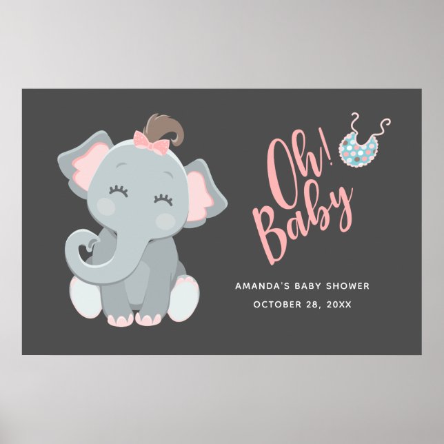 Poster Chá de Bebê de Menina Elefante Fofa (Frente)