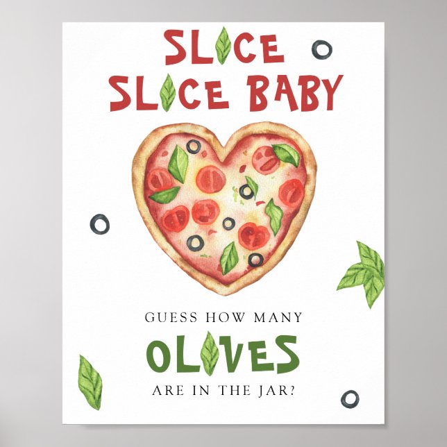 Poster Chá de bebê de pizza - adivinhe quantas azeitonas (Frente)