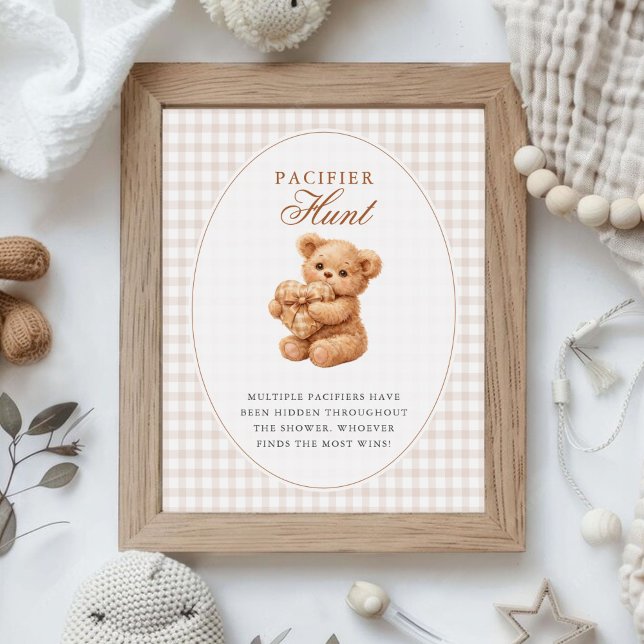 Poster Chá de Bebê do Ursinho de Gingham Marrom Coraçãozi (Criador carregado)