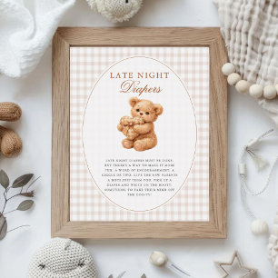 Poster Chá de Bebê do Ursinho de Gingham Marrom Coraçãozi